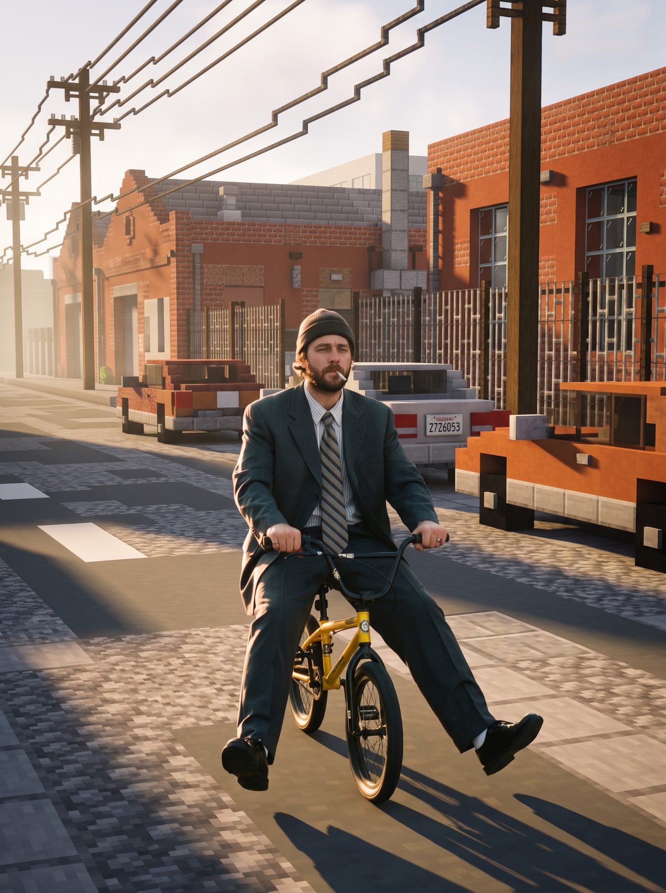 Photoreal man rides a yellow bicycle through a blocky Minecraft city, made with our ChatGPT and Gemini AI Prompt.
