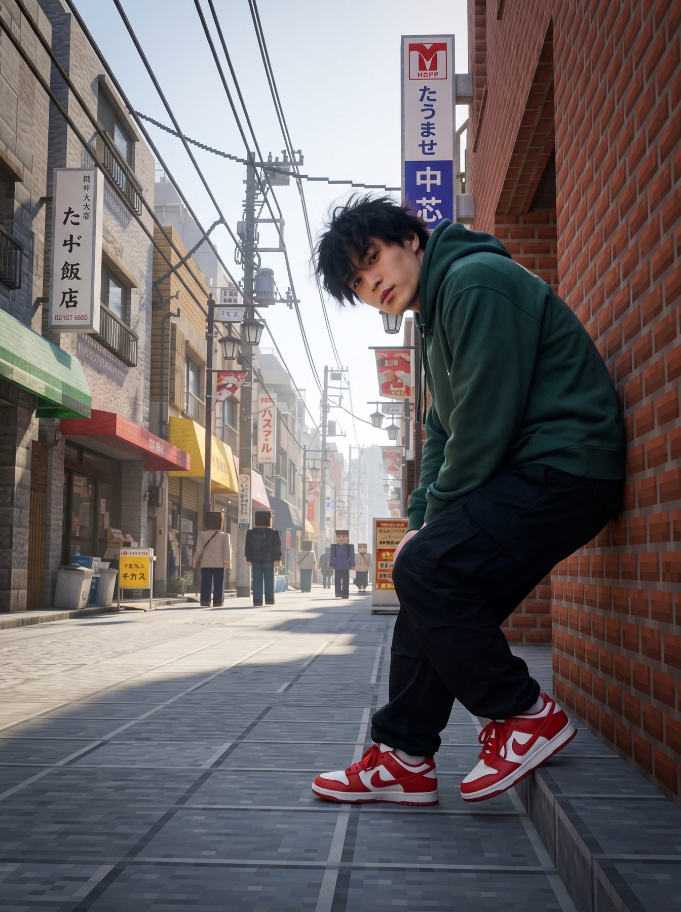 A photoreal young man leans into a blocky Minecraft city street, created with an AI Prompt for ChatGPT and Gemini.