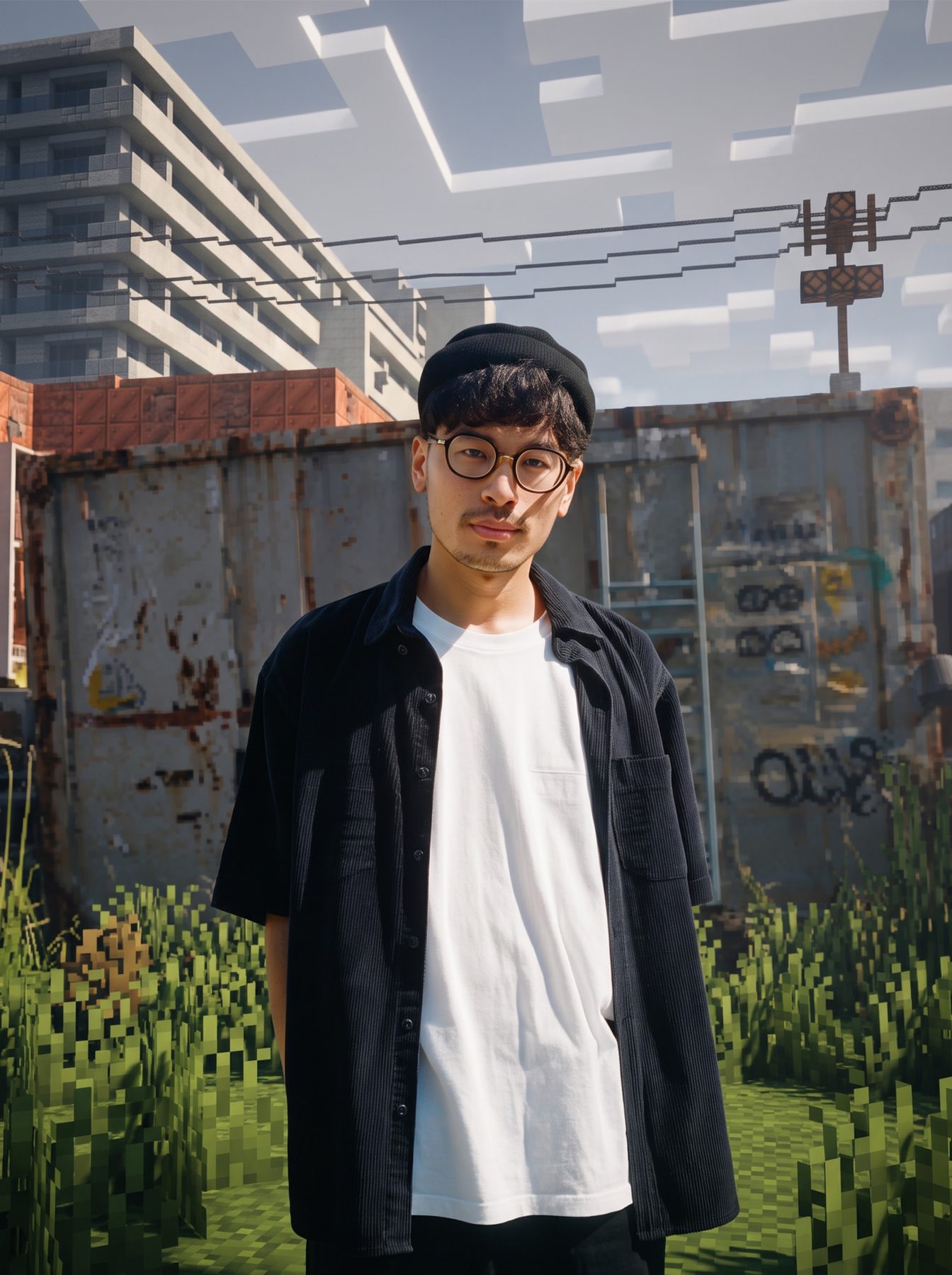 A photoreal man in glasses stands before a pixelated Minecraft city and grass, created with a ChatGPT and Gemini AI Prompt.