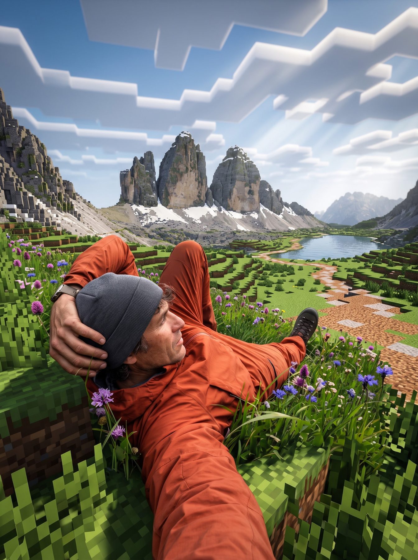 Photoreal man in orange jacket reclines among blocky Minecraft flowers and hills, generated with ChatGPT and Gemini AI Prompt.