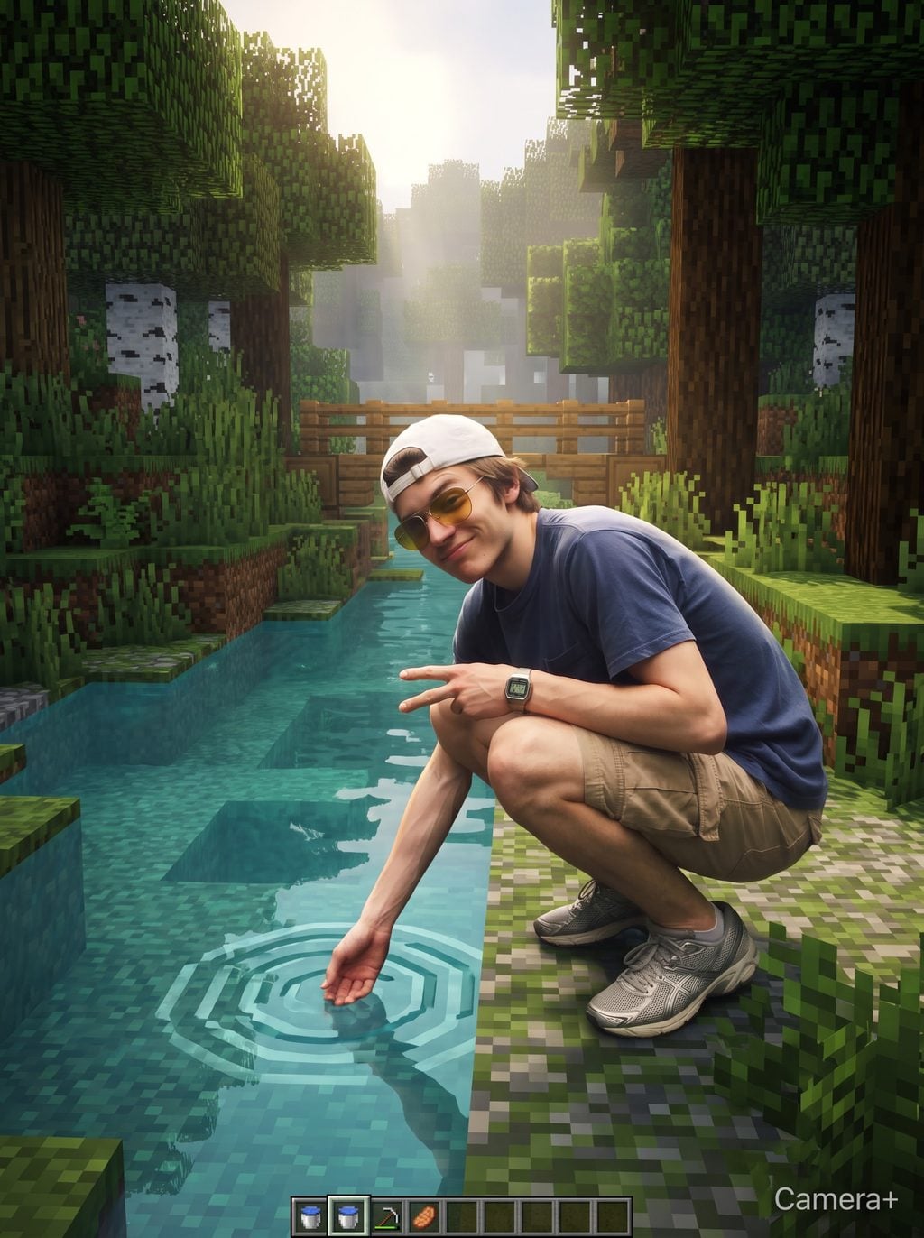 Man in a white cap crouches beside pixelated Minecraft water, reaching down, made with ChatGPT and Gemini AI Prompt.