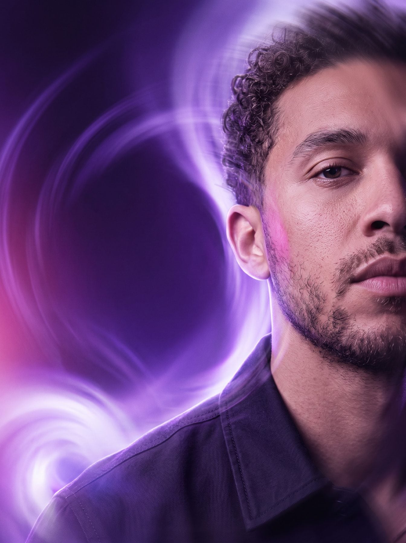 Photorealistic close-up of a bearded man with curly hair in purple light, generated with an AI Prompt for ChatGPT and Gemini.