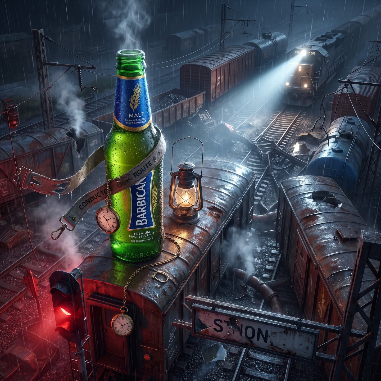 Rainy railway scene with a malt beverage bottle, trains and lantern light, created with an AI Prompt for ChatGPT and Gemini.