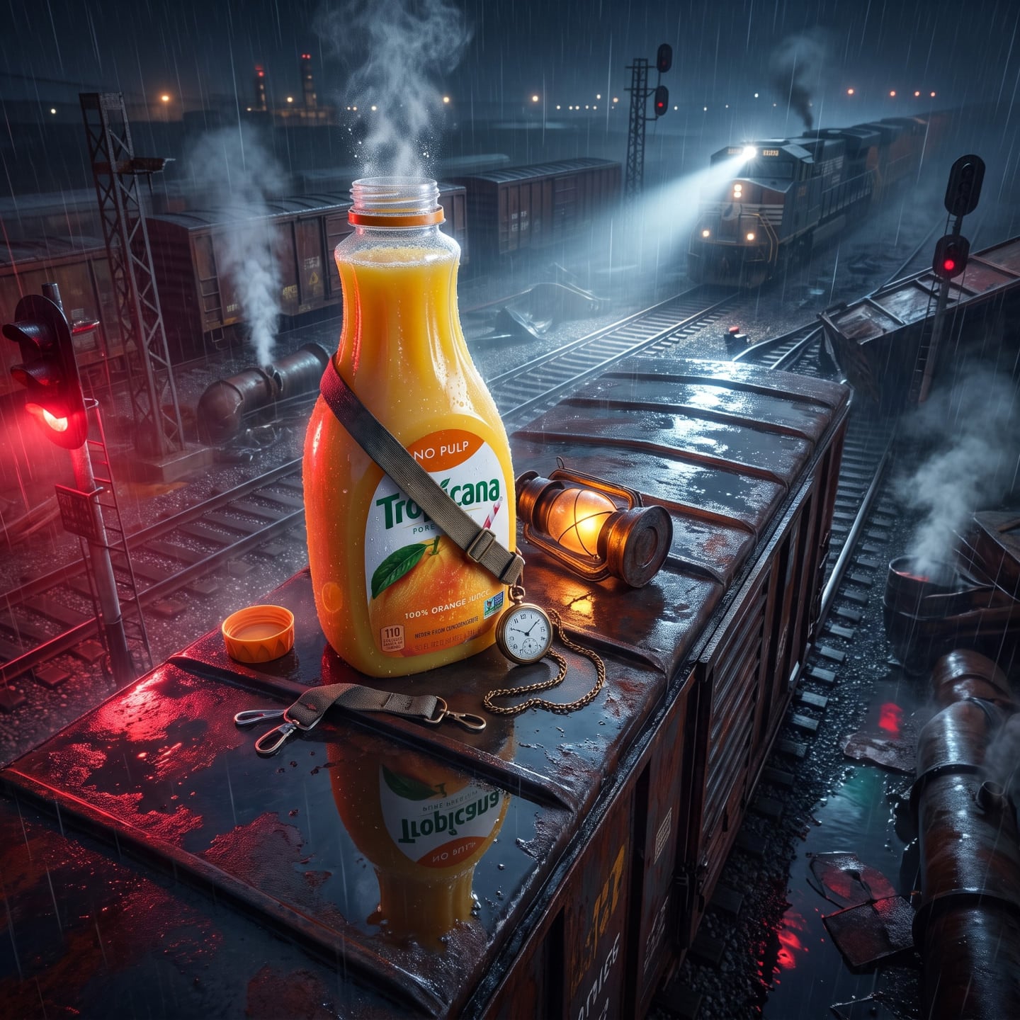 Orange juice bottle on a rainy railway car with train lights and signals, created with an AI Prompt for ChatGPT and Gemini.