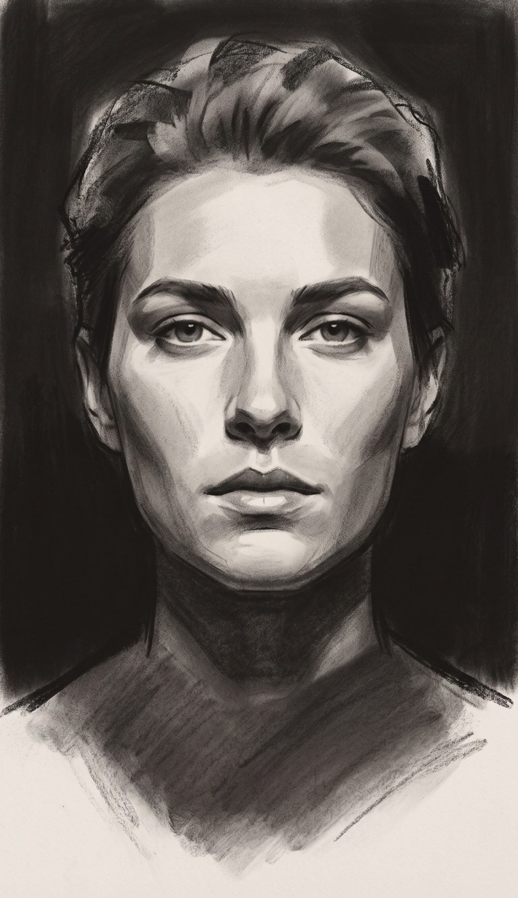 Detailed realistic charcoal portrait of a front-facing person, generated with an AI Prompt for ChatGPT and Gemini.