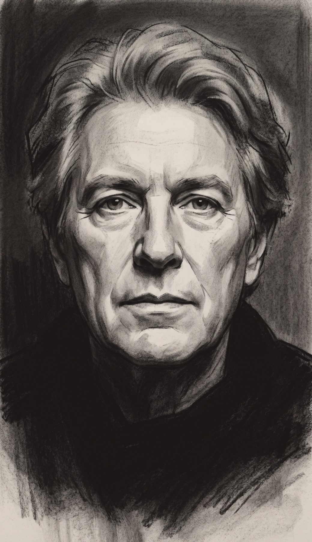 Charcoal portrait of a serious man with swept hair and strong shading, generated using a ChatGPT and Gemini AI Prompt