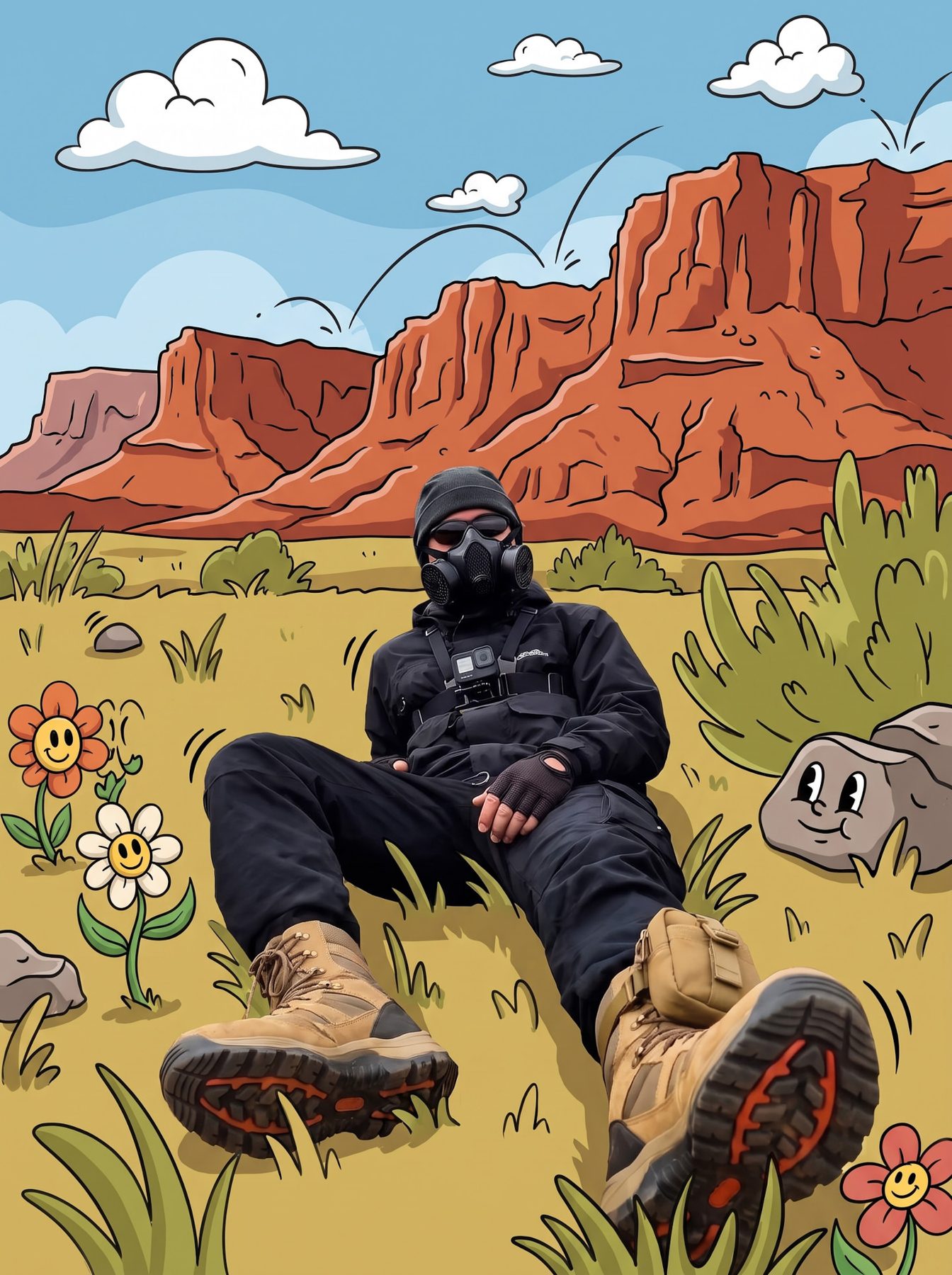 Realistic masked hiker sits among smiling cartoon flowers and cliffs, created with an AI Prompt for ChatGPT and Gemini.