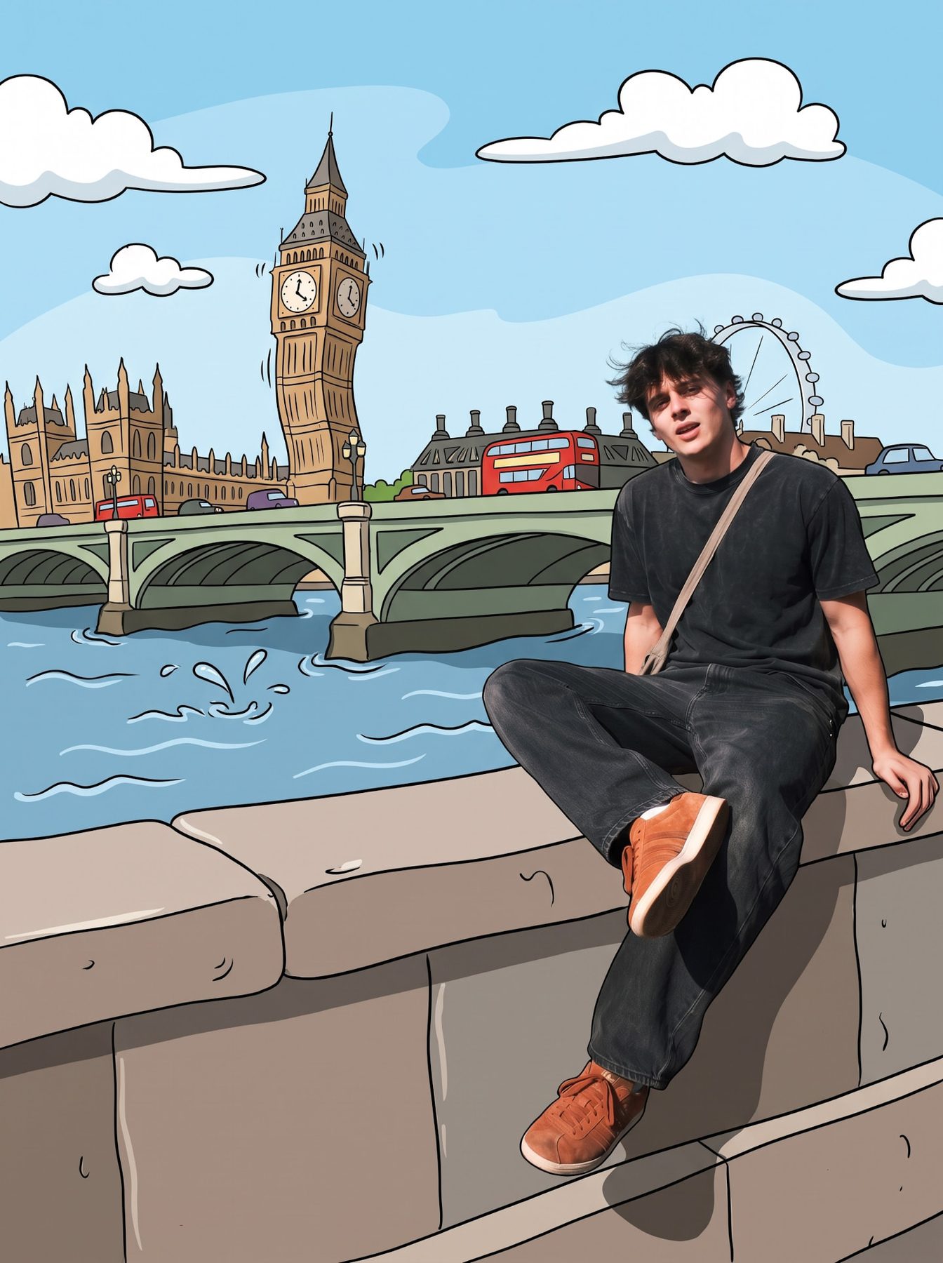 A realistic young man sits by the river against a cartoon London skyline, generated using our ChatGPT and Gemini AI Prompt.
