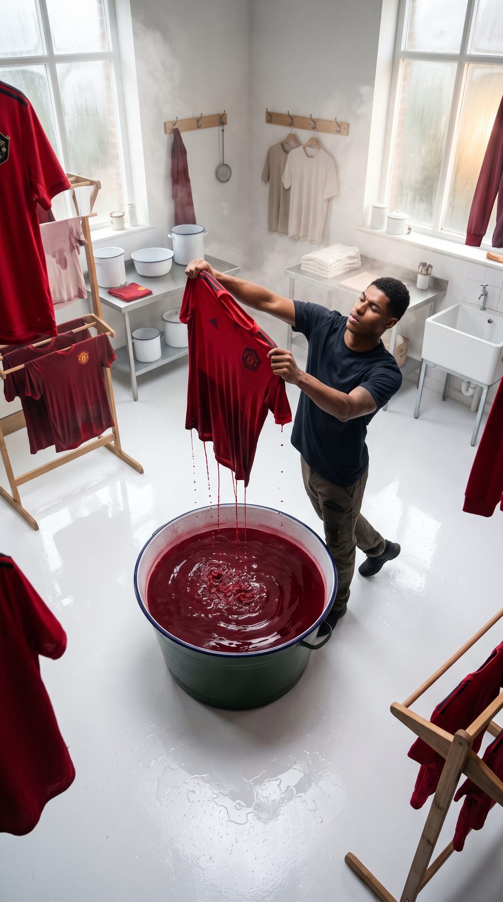 Man reveals a red football jersey over a vat of dye in a laundry studio, generated with a ChatGPT and Gemini AI Prompt.