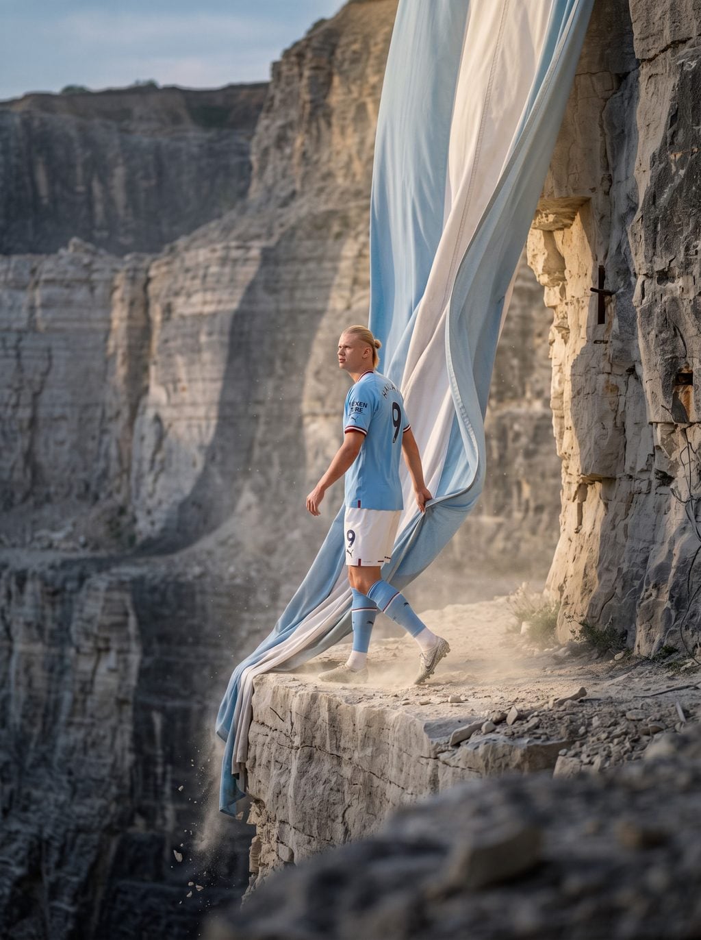 Soccer player walks along a rocky cliff with flowing blue and white fabric, generated with a ChatGPT and Gemini AI Prompt.