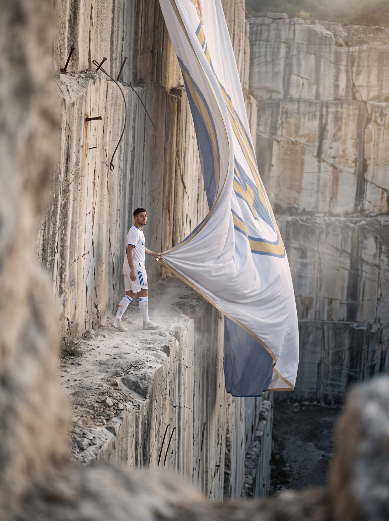 Soccer player unfurls a large white and blue flag on a rocky cliff, created with an AI Prompt for ChatGPT and Gemini.
