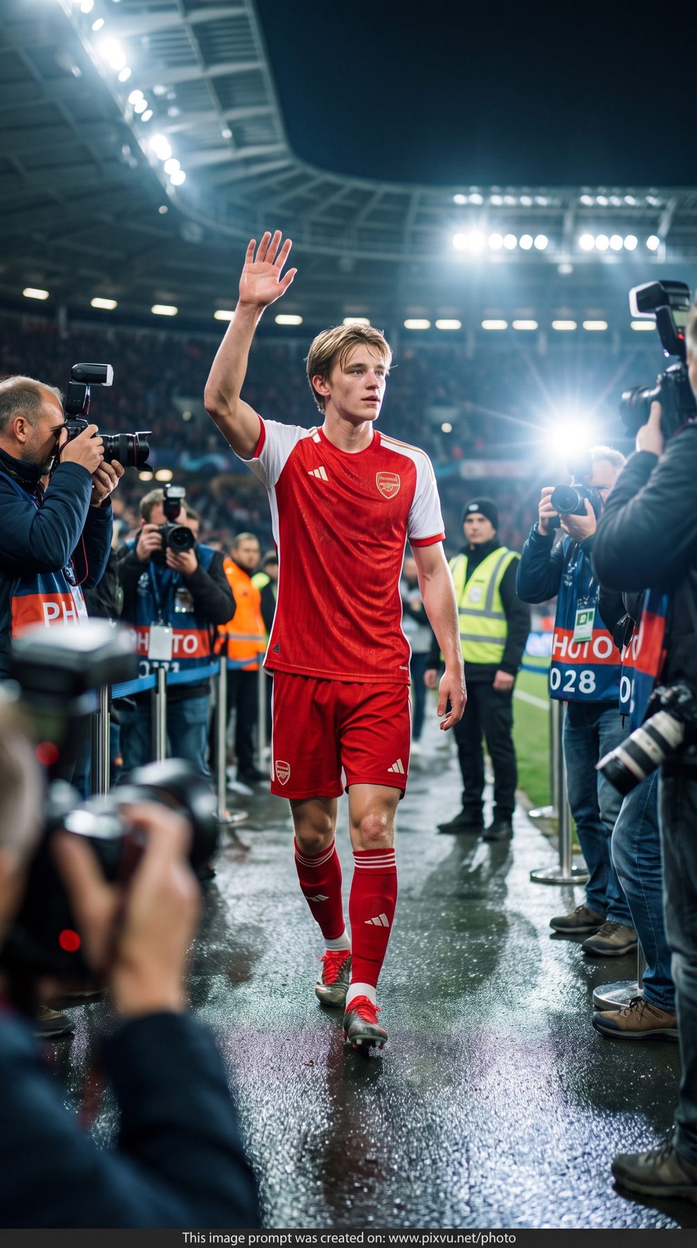 Soccer star waves in a red kit amid cameras during a cinematic stadium arrival, made with an AI Prompt for ChatGPT and Gemini.