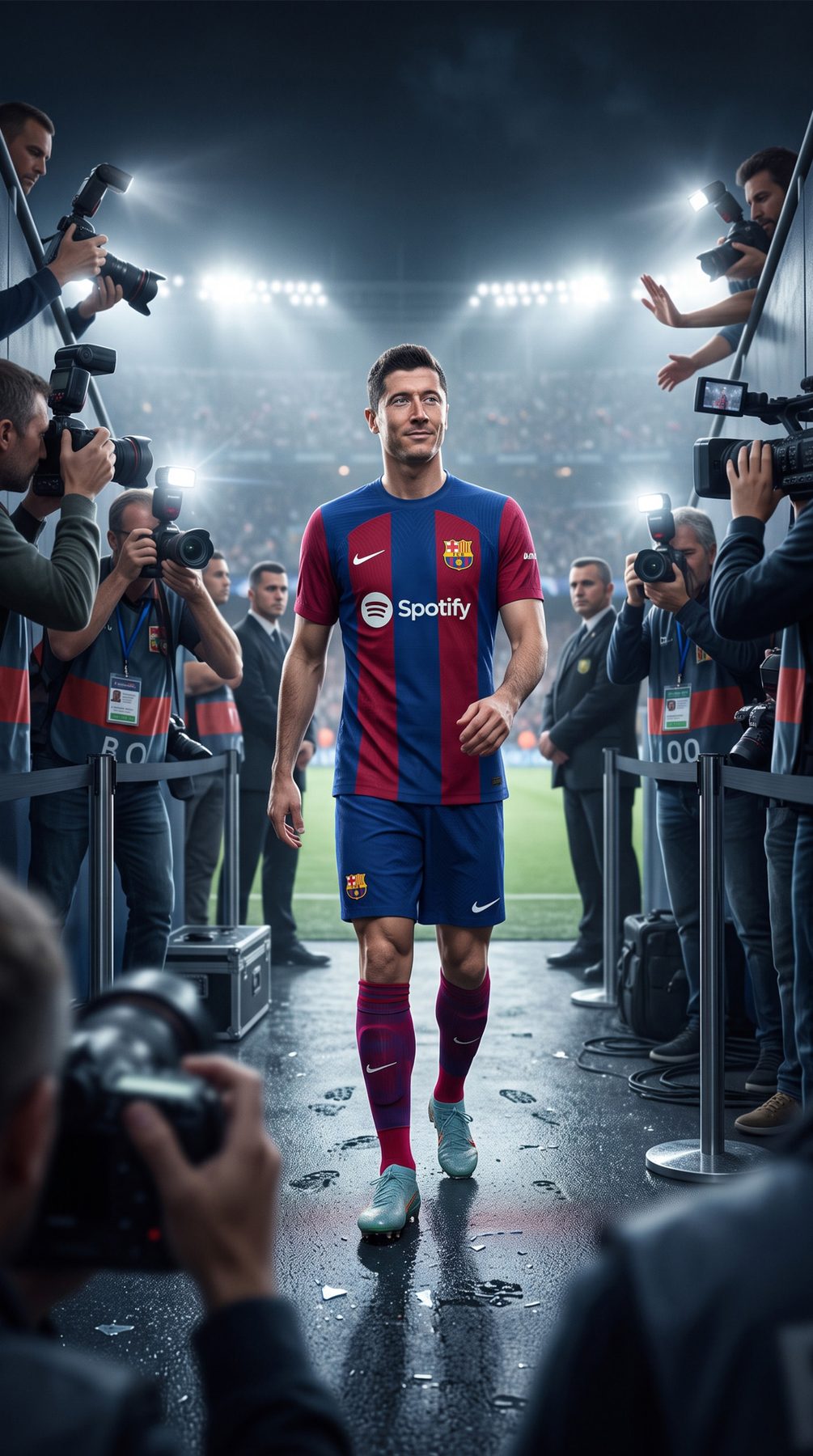 Soccer star walks through a stadium entrance as photographers capture arrival, generated with a ChatGPT and Gemini AI Prompt.