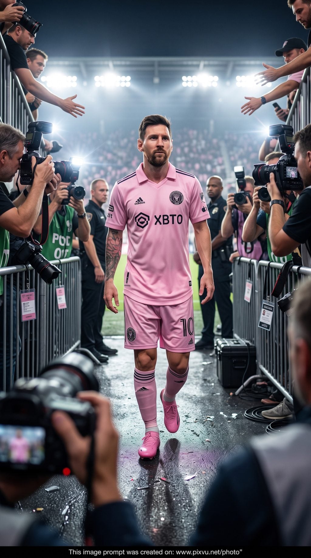Soccer star in pink kit enters a lit stadium past photographers, generated with an AI Prompt for ChatGPT and Gemini.
