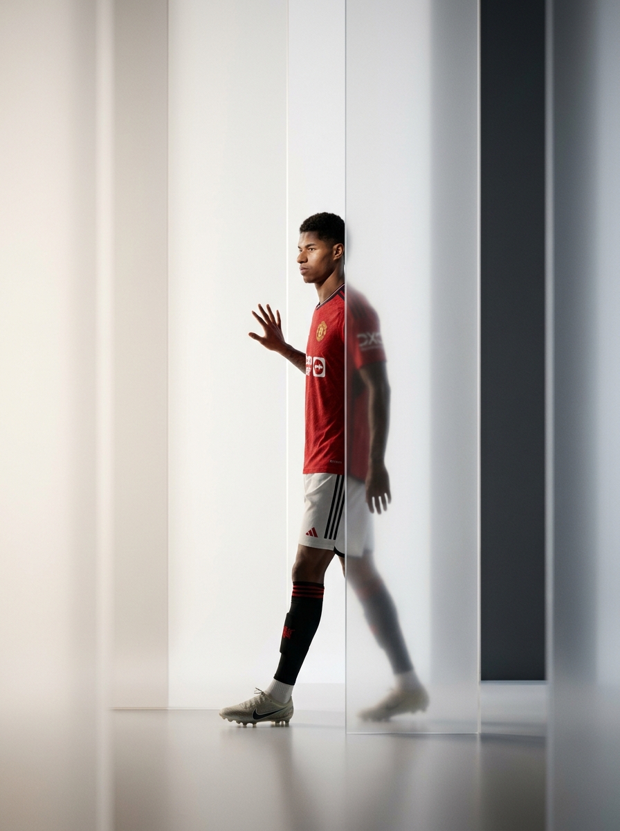Footballer in a red jersey walks between reflective panels, sports portrait generated with an AI Prompt for ChatGPT and Gemini.