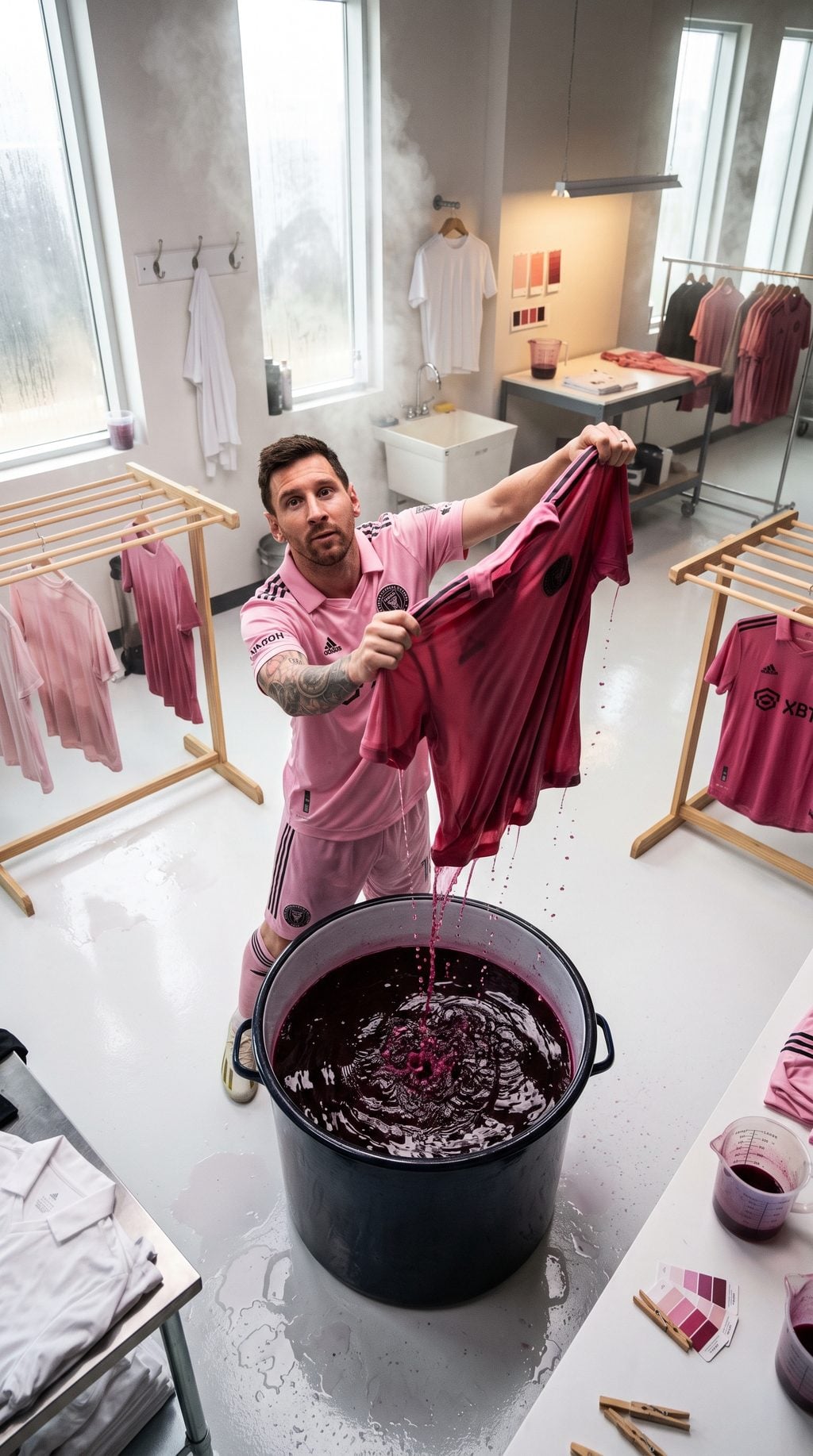 Footballer reveals a dripping burgundy jersey in a bright apparel studio, created with an AI Prompt for ChatGPT and Gemini.