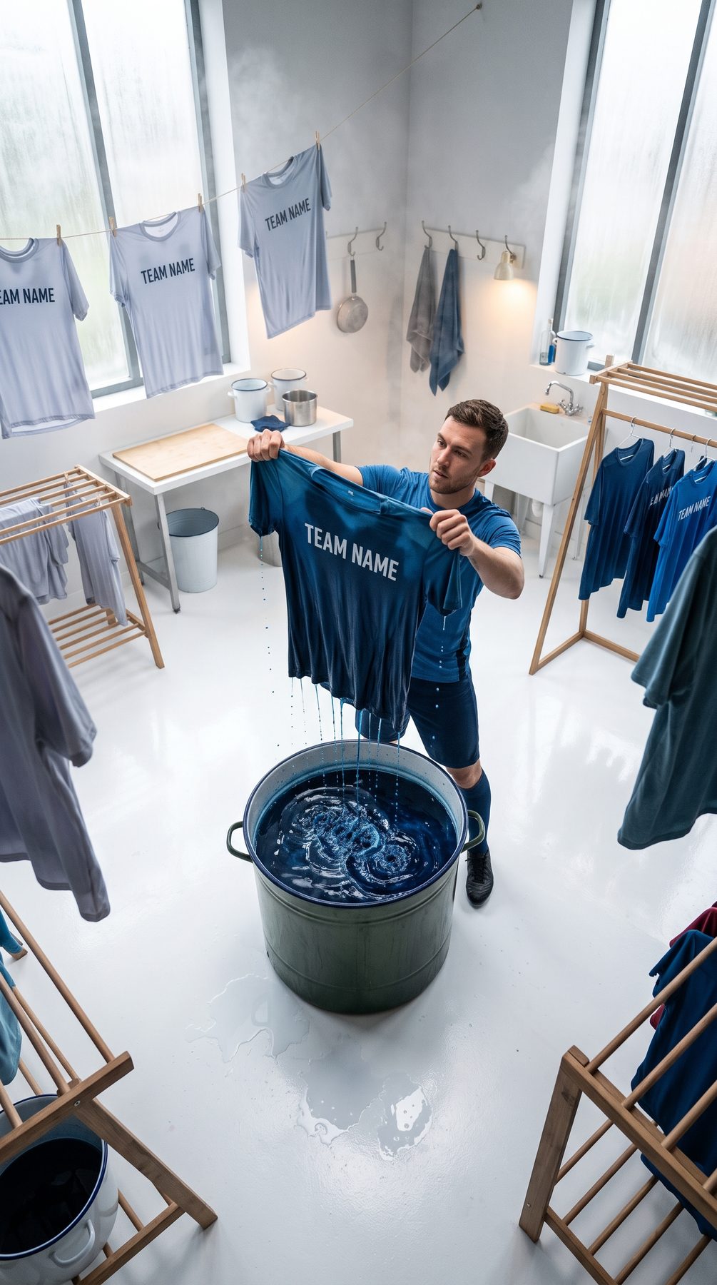 Man holds a blue team jersey over dye bath in a bright laundry studio, created with an AI Prompt for ChatGPT and Gemini.