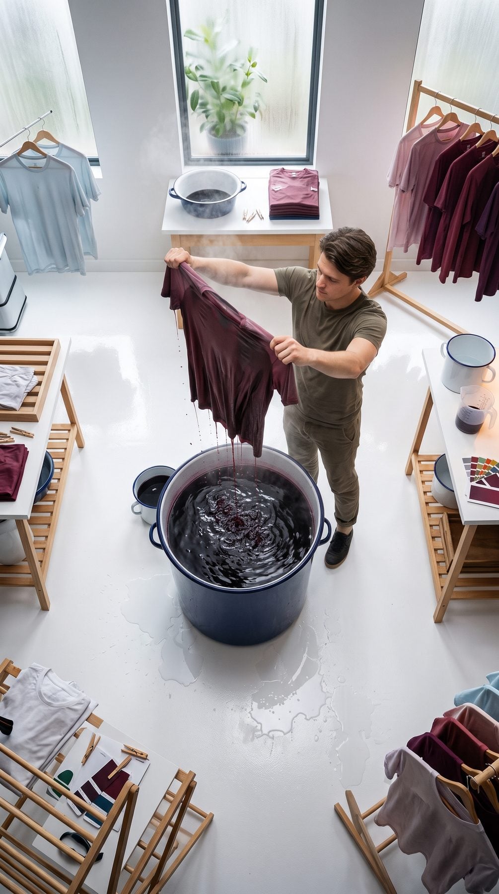 Man dyeing a burgundy jersey beside racks of shirts and fabric swatches, created with an AI Prompt for ChatGPT and Gemini.