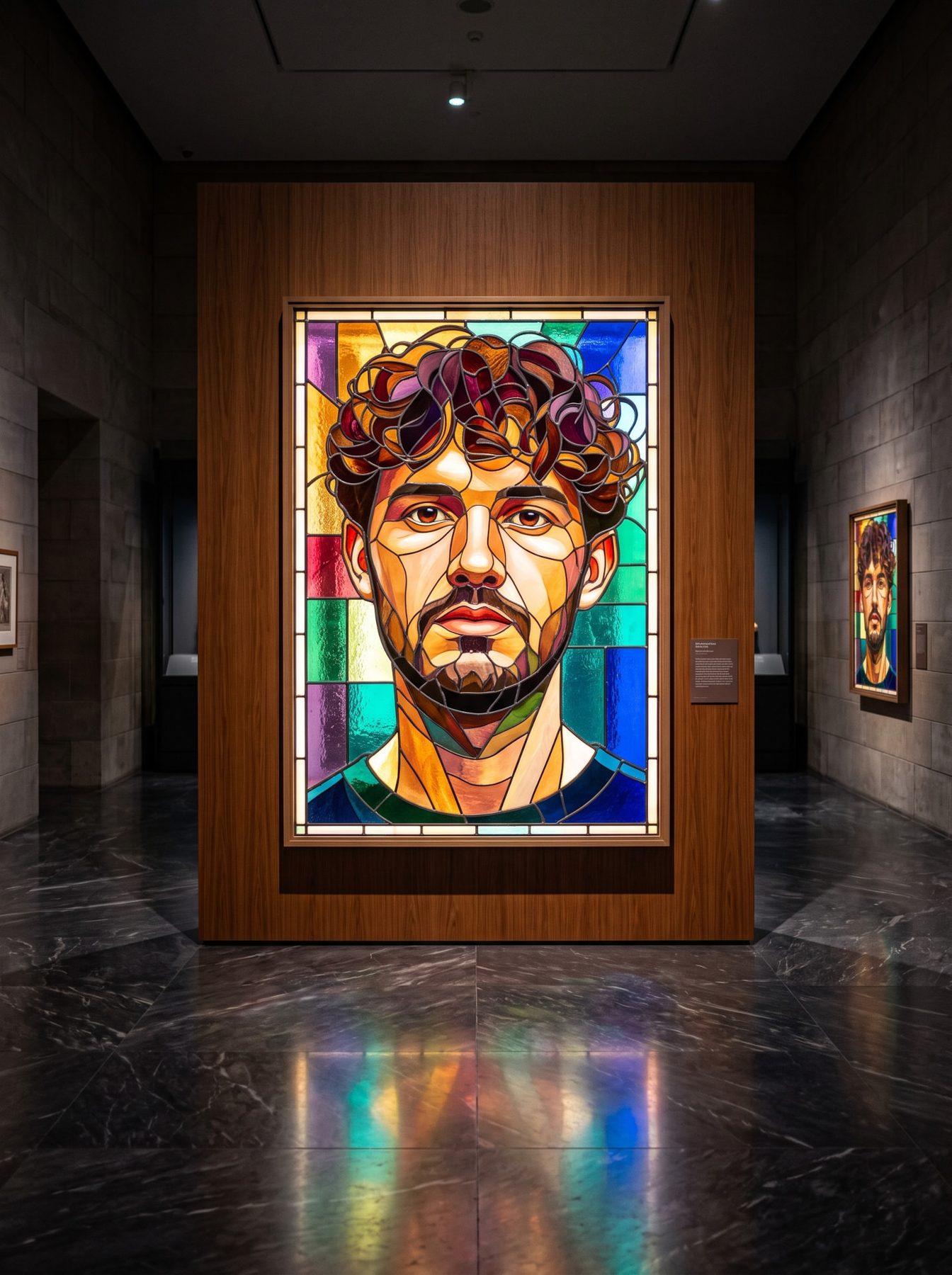 Stained-glass portrait of a bearded man displayed in a museum gallery, created with an AI Prompt for ChatGPT and Gemini.