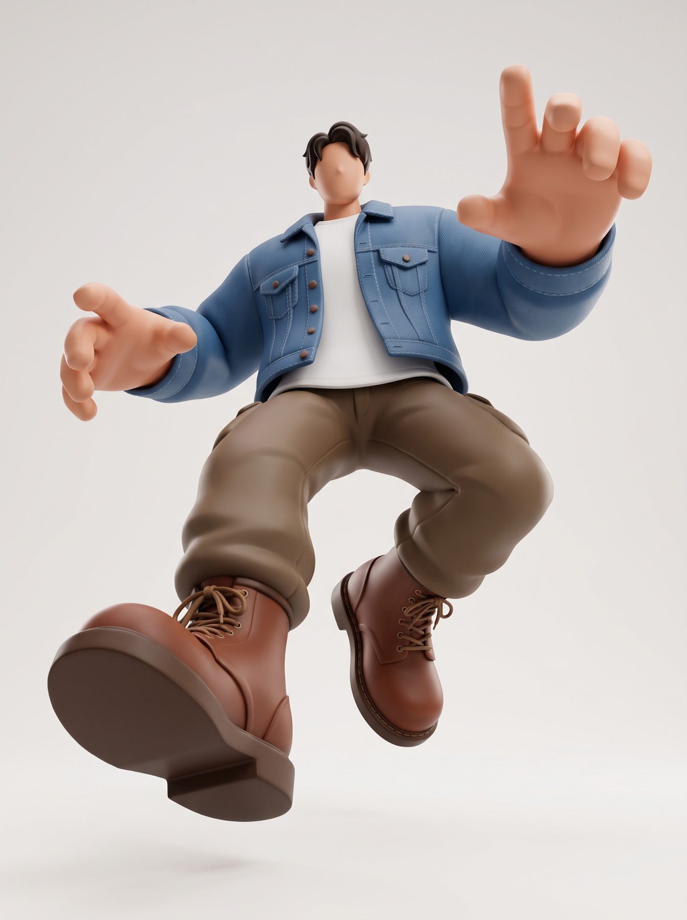 Stylized 3D action figure in a blue jacket and brown pants reaches forward, generated with a ChatGPT and Gemini AI Prompt.