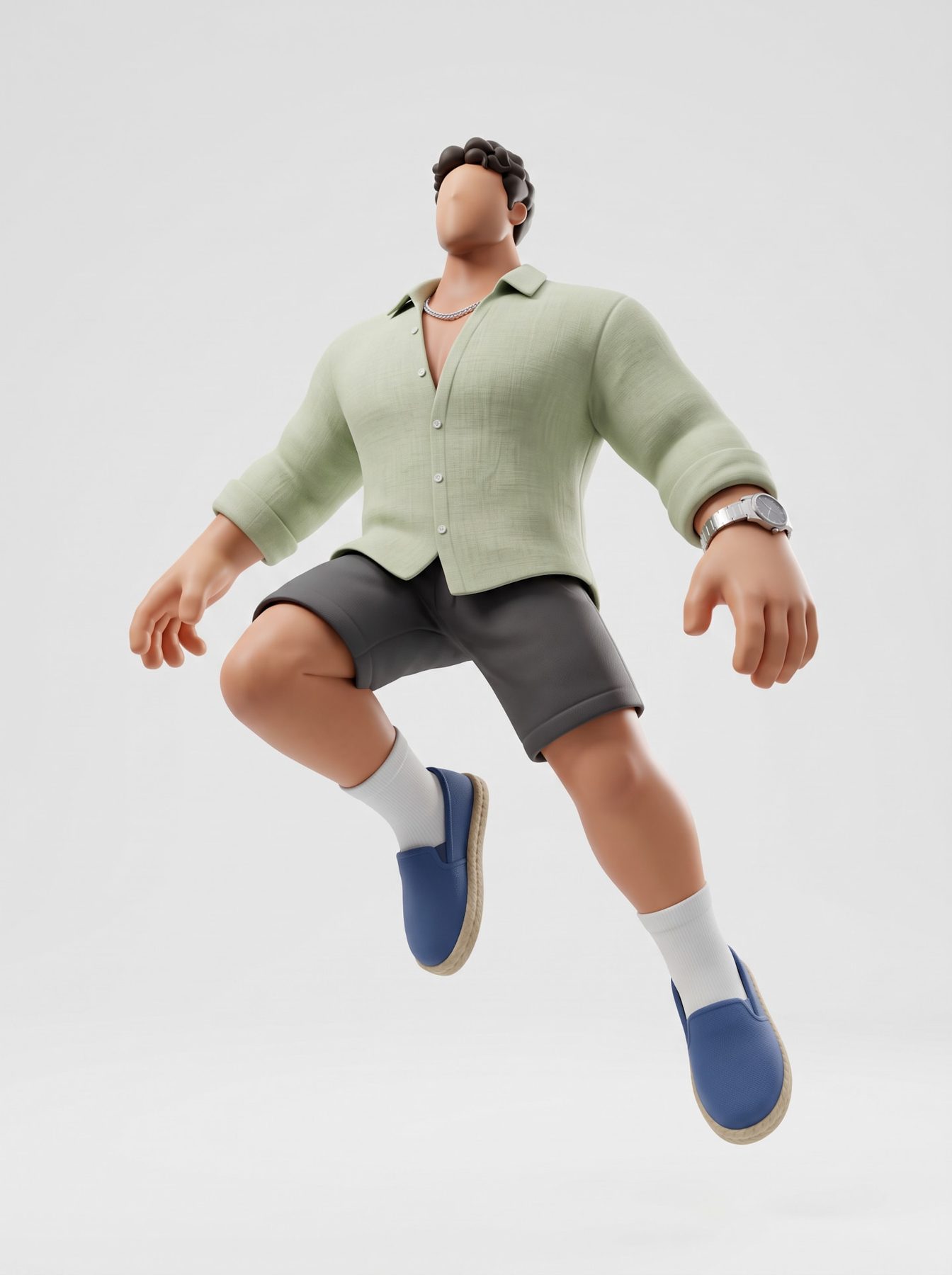 Faceless 3D action figure runs in a pale green shirt and blue shoes, generated with an AI Prompt for ChatGPT and Gemini.