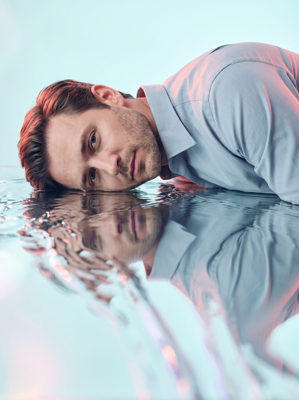 Surreal male portrait with face resting on rippling water and a reflection, created with an AI Prompt for ChatGPT and Gemini.