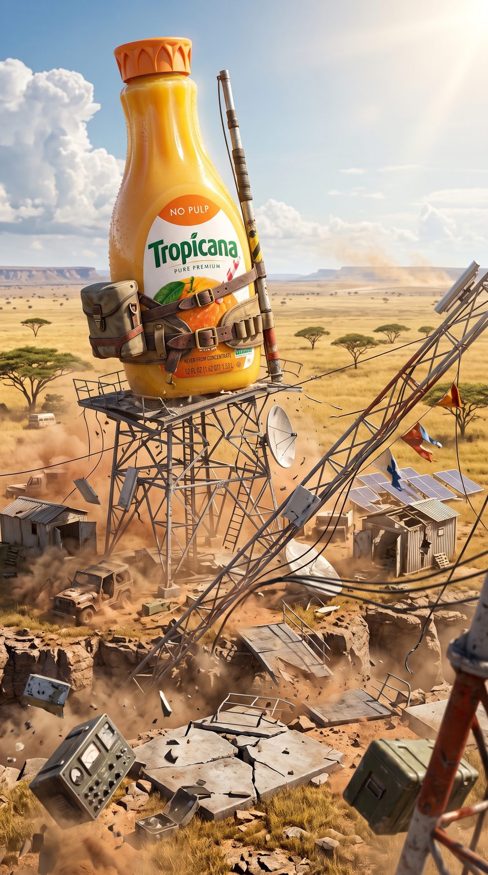 Tropicana orange juice bottle towers over a collapsing desert broadcast station, generated with a ChatGPT and Gemini AI Prompt.