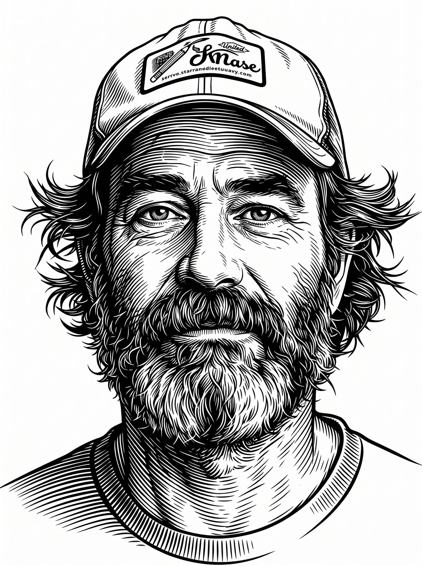Black-and-white vector woodcut portrait of a bearded man wearing a cap, created with an AI Prompt for ChatGPT and Gemini.