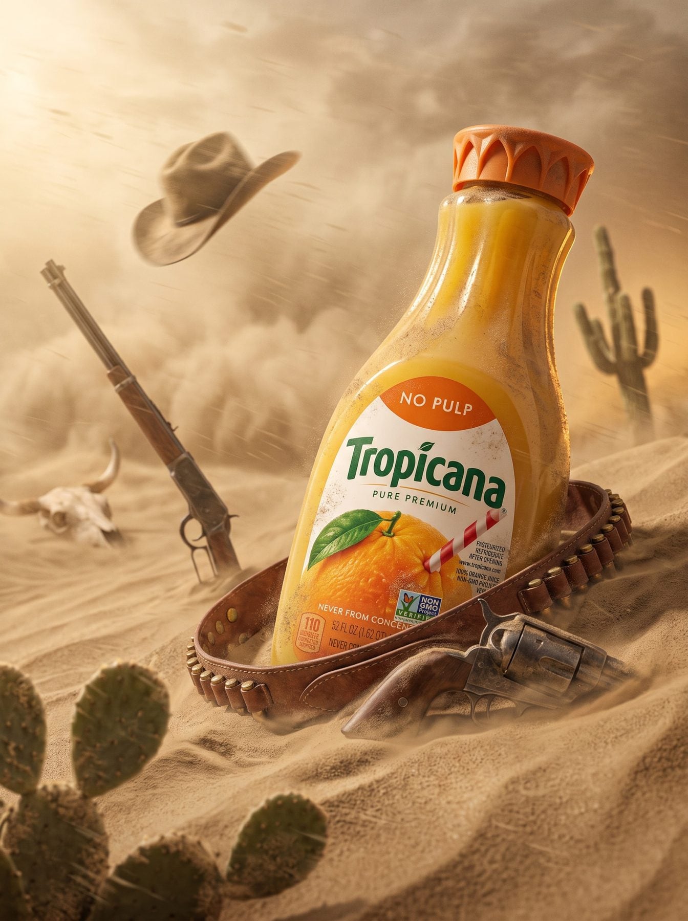 Western soda bottle poster in a dusty desert with hat, rifle, cactus and belt, made with an AI Prompt for ChatGPT and Gemini.