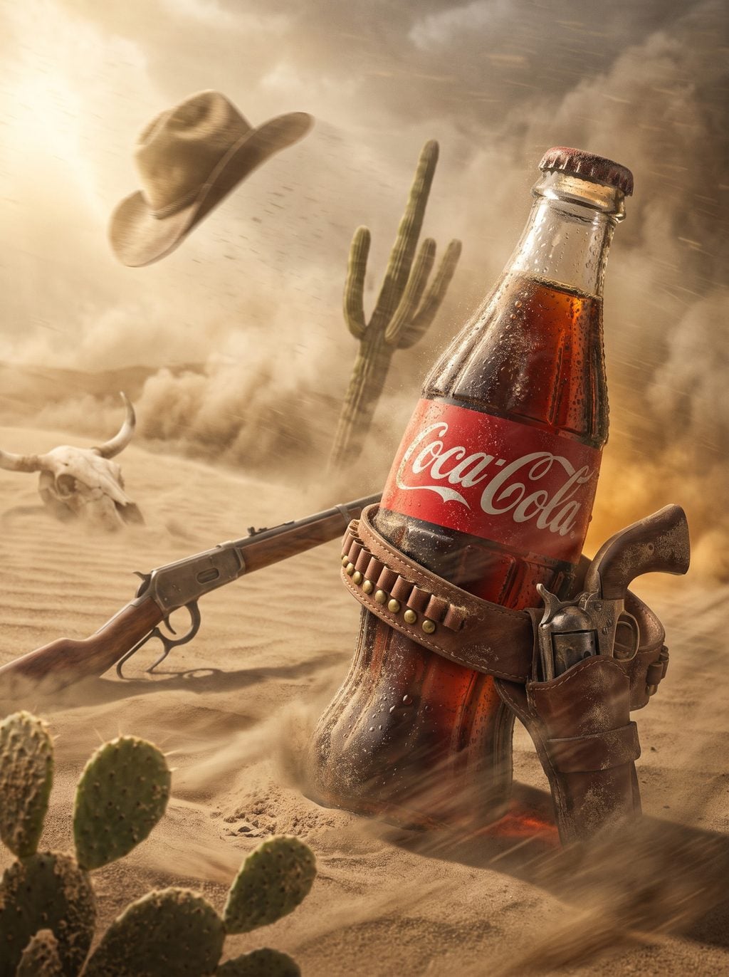Western soda bottle in a dusty desert with cowboy gear, cactus, rifle, and hat, generated using ChatGPT and Gemini AI Prompt.