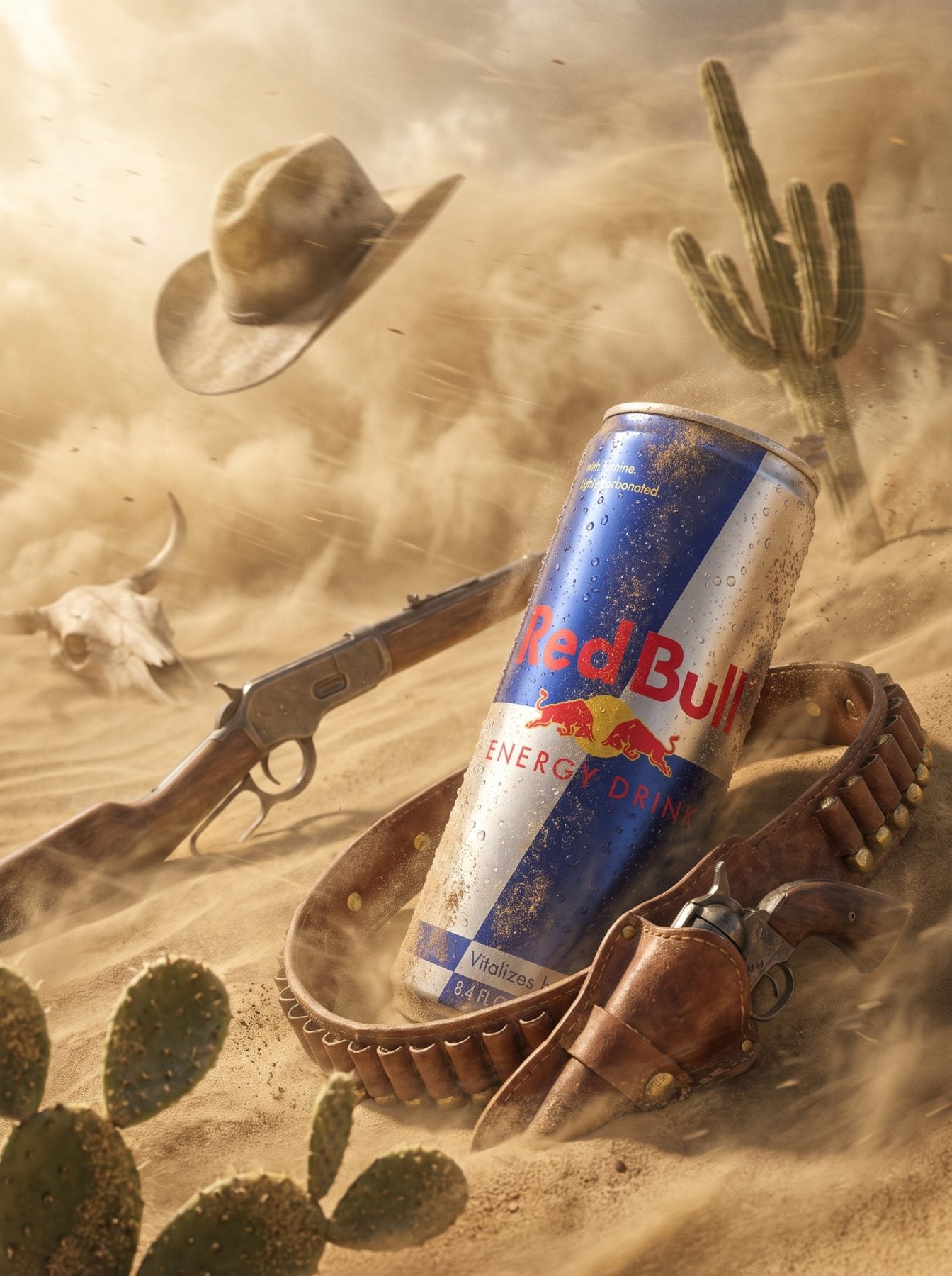 Western desert poster shows a Red Bull can, cowboy hat, rifle and cactus in dust, created with ChatGPT and Gemini AI Prompt.