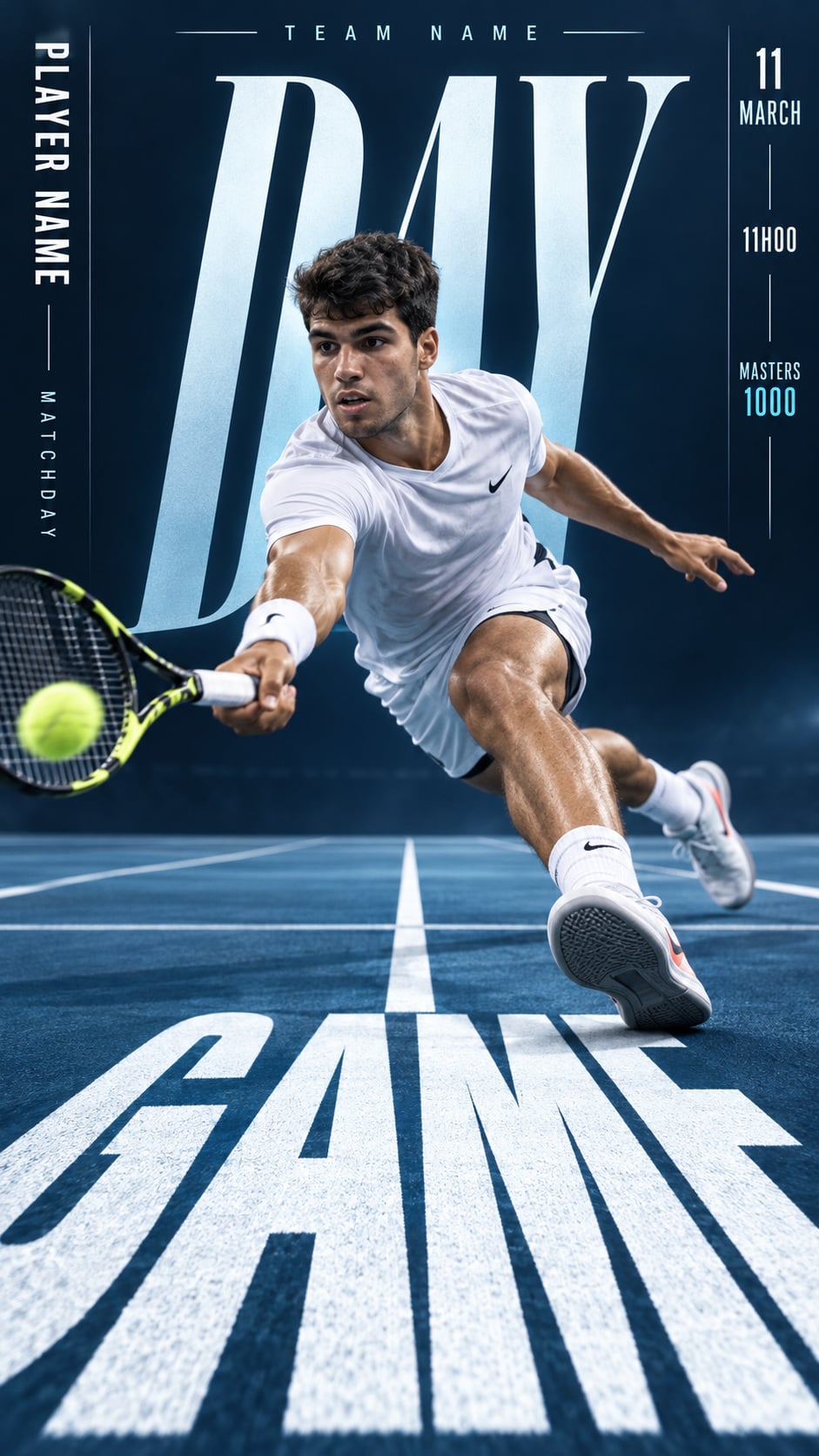 Tennis player lunges for a ball on a blue court in a bold poster, generated using our ChatGPT and Gemini AI Prompt.