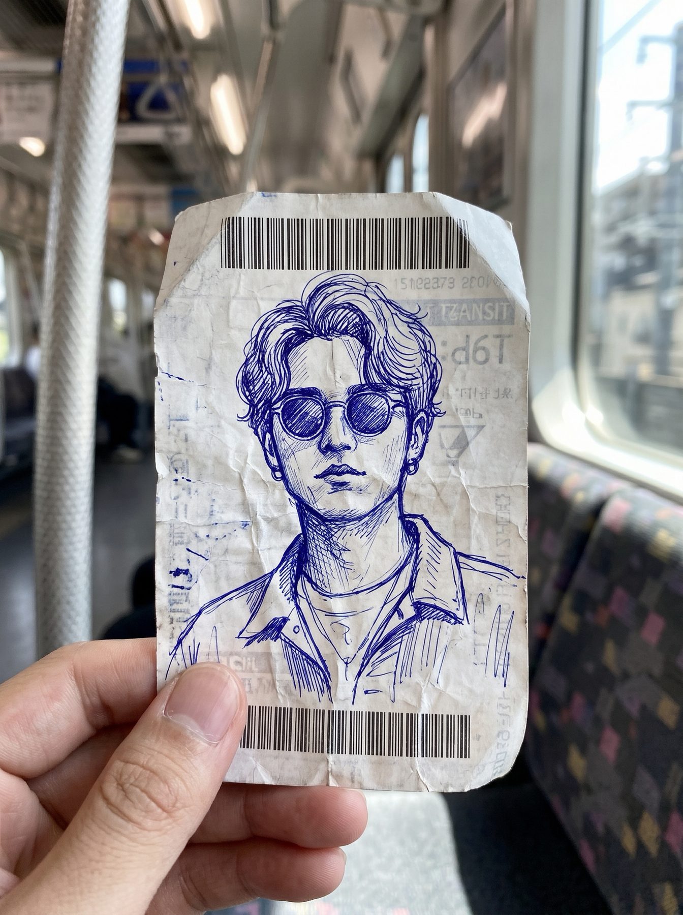 Blue ink portrait of a wavy-haired person in sunglasses on a creased ticket, made with a ChatGPT and Gemini AI Prompt.