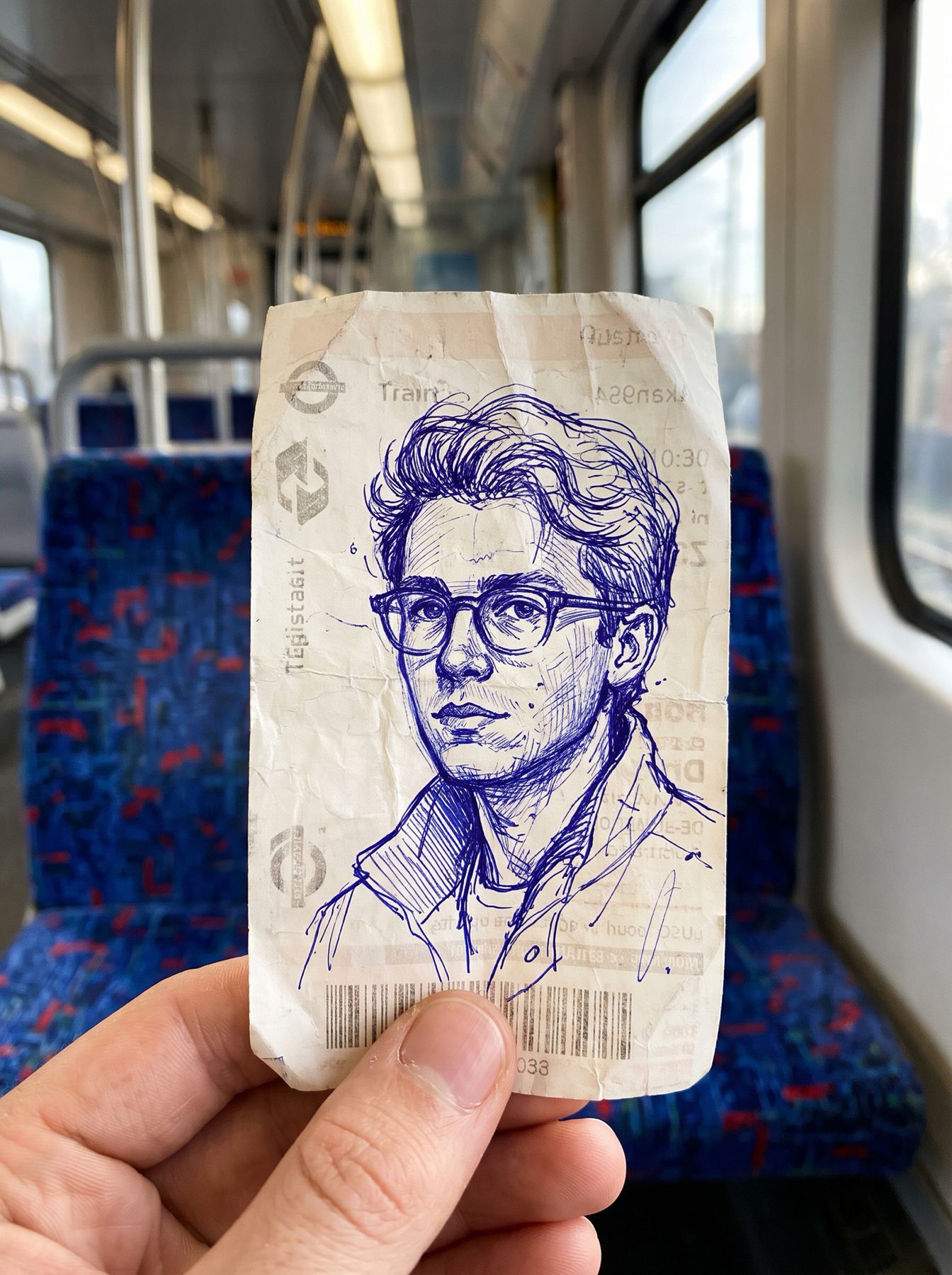 Blue ink ballpoint portrait of a bespectacled man on a worn train ticket, generated with an AI Prompt for ChatGPT and Gemini.
