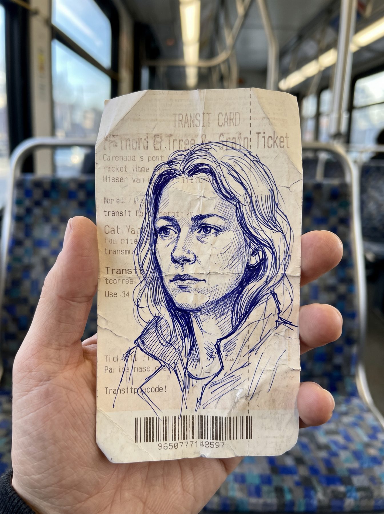 Blue ballpoint portrait on a worn transit ticket held inside a train, generated with an AI Prompt for ChatGPT and Gemini.