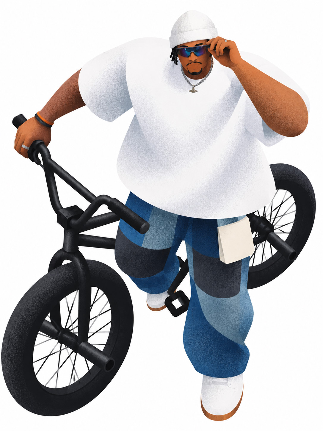 A beanie-wearing man in sunglasses rides a BMX in bold contemporary character art, made with a ChatGPT and Gemini AI Prompt.