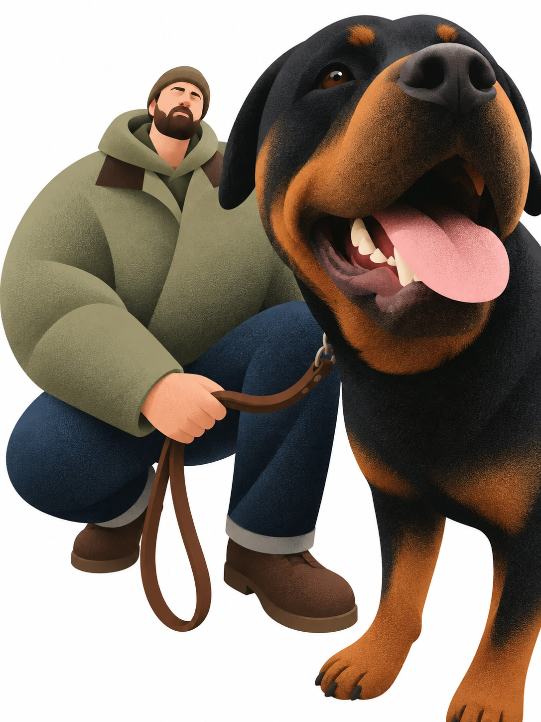 Man with leash beside a giant black-and-brown dog, tongue out; textured art generated using ChatGPT and Gemini AI Prompt.