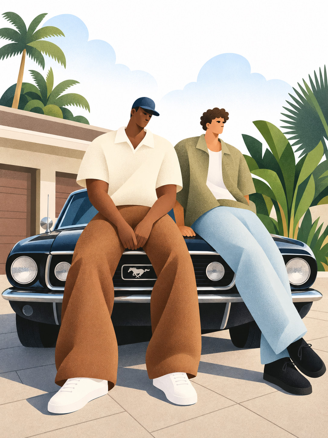 Two men sit on a classic car among tropical palms in bold contemporary art, generated using a ChatGPT and Gemini AI Prompt.