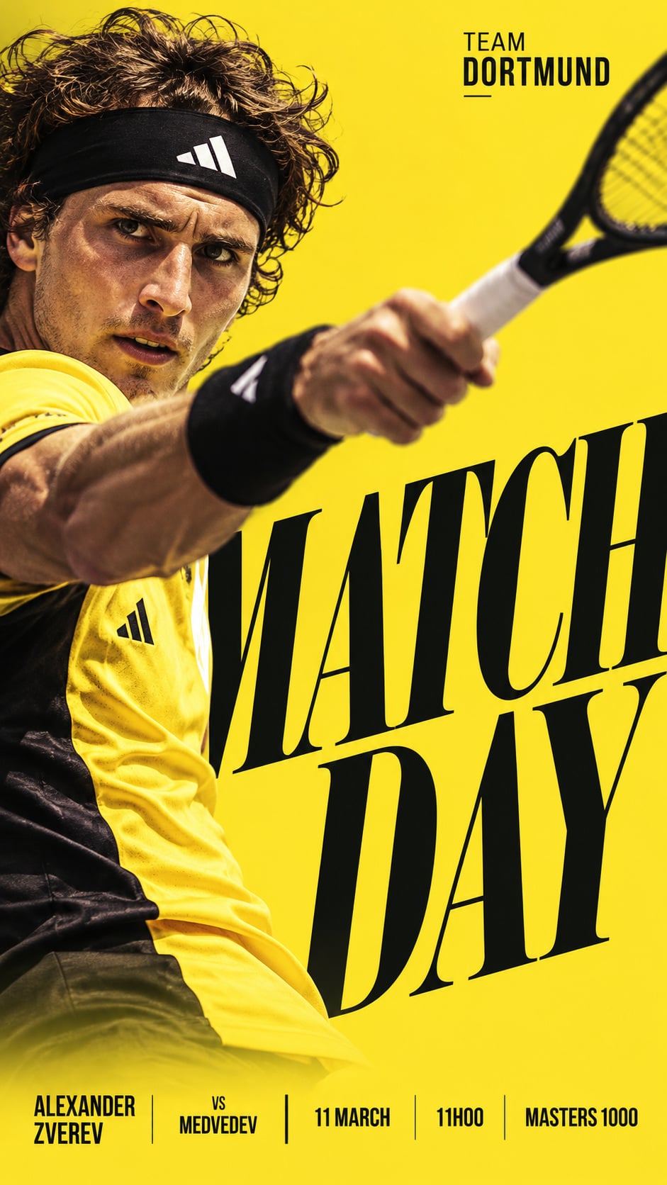 Bold yellow-and-black tennis match poster shows a player swinging a racket, generated using ChatGPT and Gemini AI Prompt.
