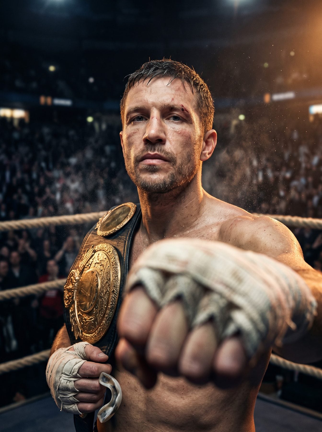 Champion with gold belt thrusts a wrapped fist in the ring, created using an AI Prompt for ChatGPT and Gemini.