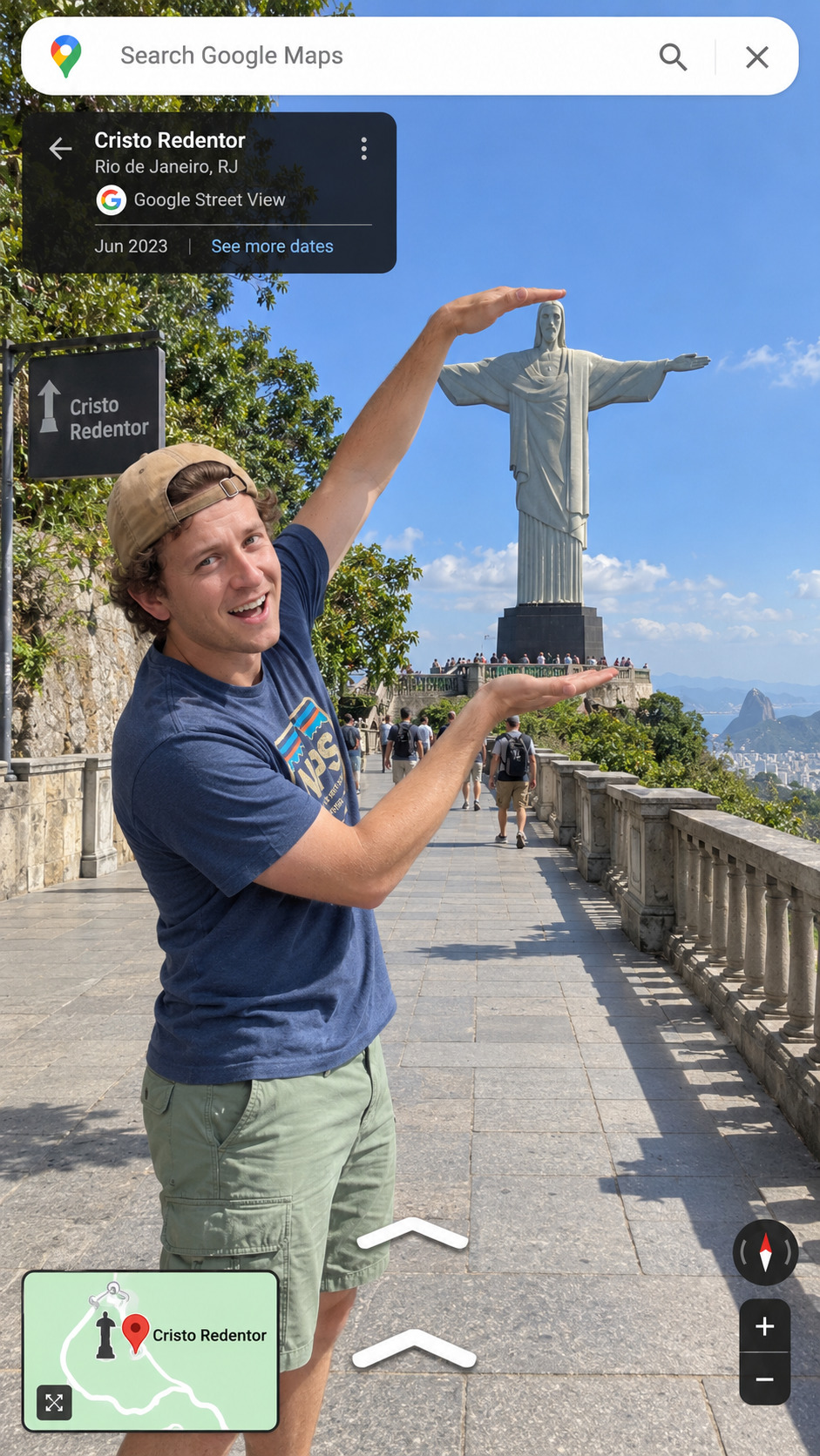 Christ the Redeemer framed between a tourist’s hands in forced-perspective photo, made with ChatGPT and Gemini AI Prompt.