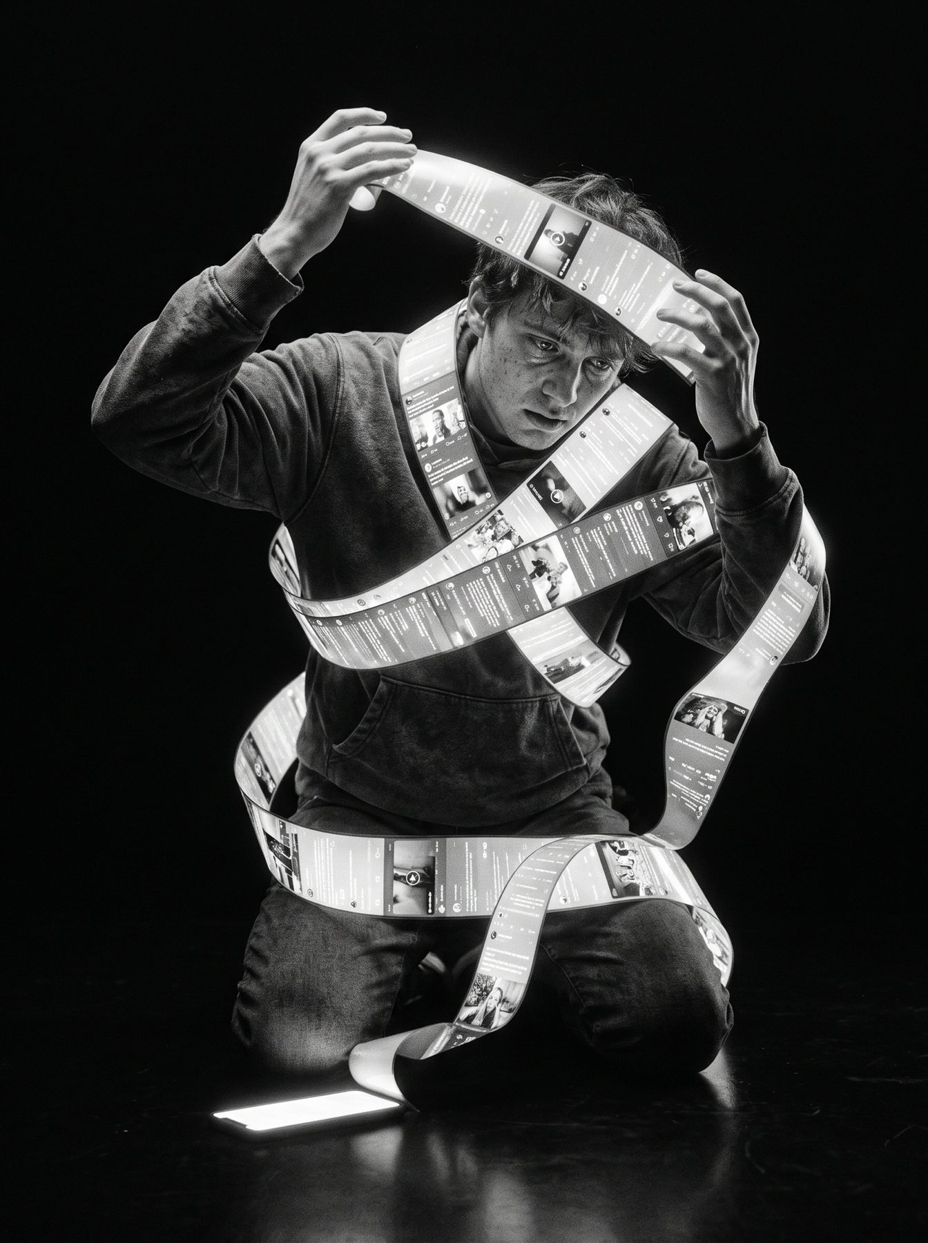 Monochrome portrait of a seated man wrapped in glowing social media feeds, made with a ChatGPT and Gemini AI Prompt.