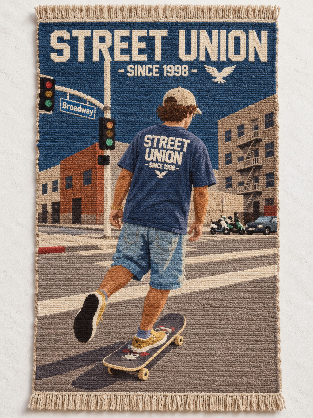 Woven textile portrait of a skateboarder crossing an urban street, generated using our ChatGPT and Gemini AI Prompt.