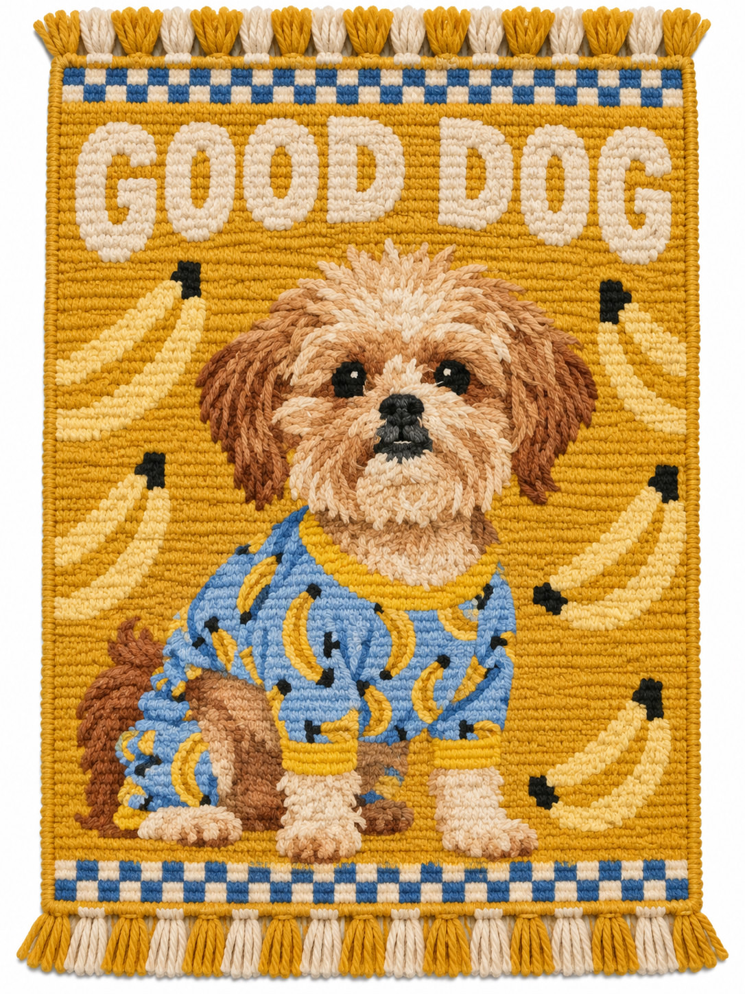 Woven dog portrait in a blue banana-print outfit on a gold rug with “GOOD DOG,” made using ChatGPT and Gemini AI Prompt.