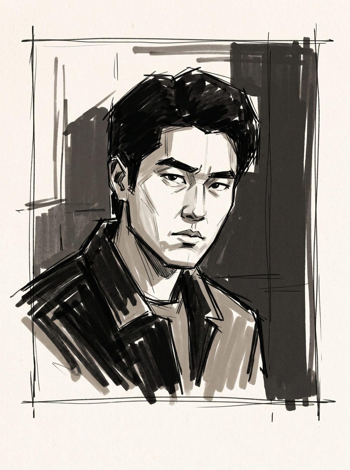 Monochrome ink portrait of a dark-haired man in a jacket, drawn with loose strokes using an AI Prompt for ChatGPT and Gemini.