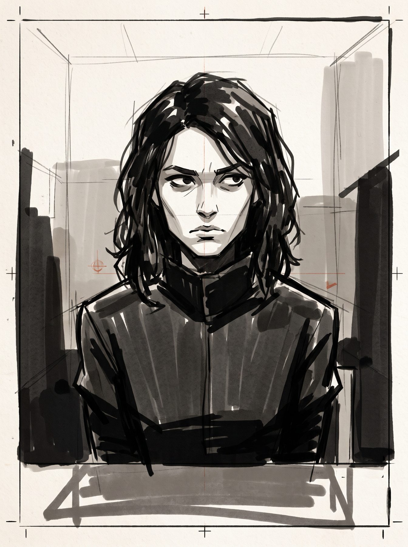 Monochrome ink sketch of a long-haired person in a dark high-collar jacket, created with an AI Prompt for ChatGPT and Gemini.