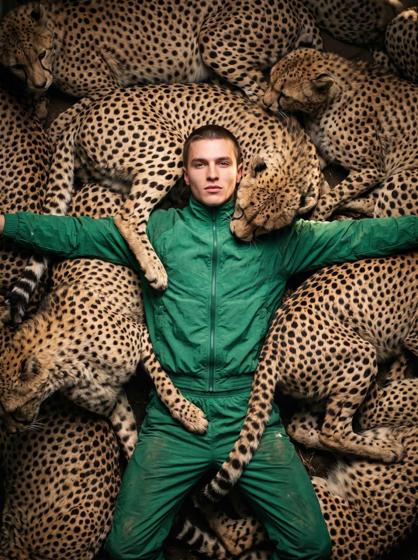 Man in green surrounded by spotted cheetahs in surreal fashion editorial style, made with a ChatGPT and Gemini AI Prompt.