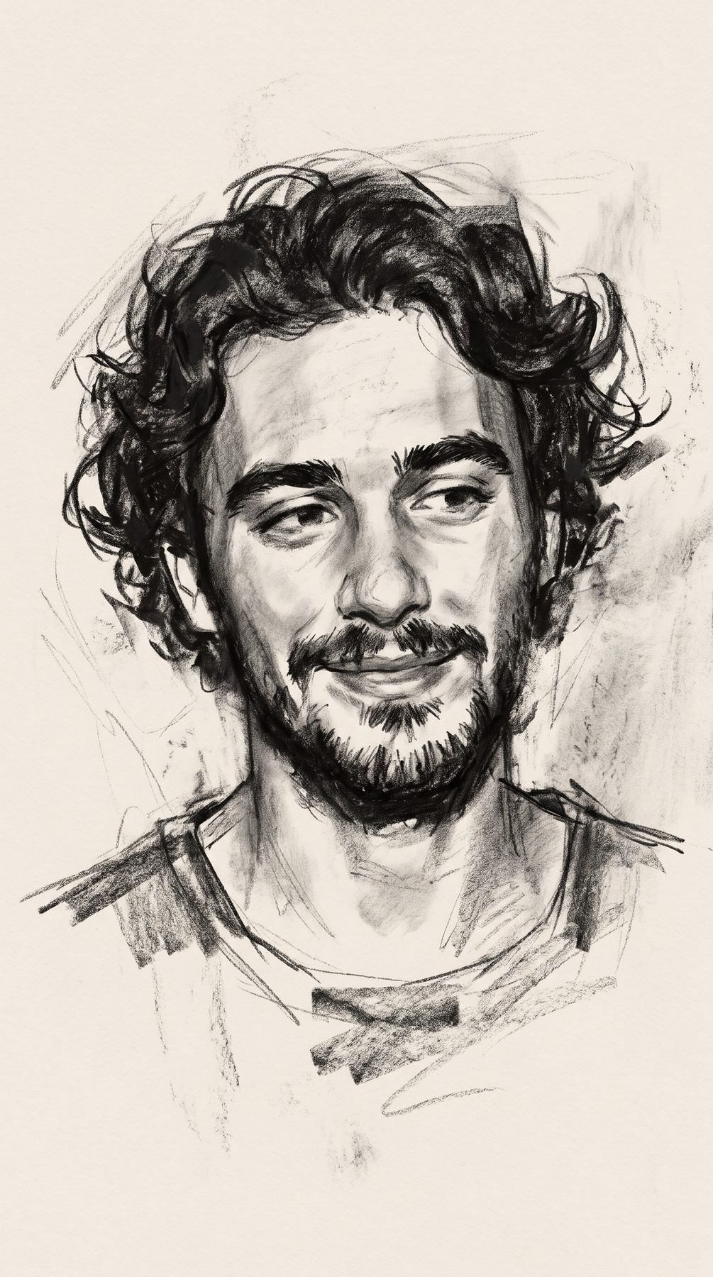 Expressive charcoal sketch of a curly-haired man with a mustache and beard, created using an AI Prompt for ChatGPT and Gemini.