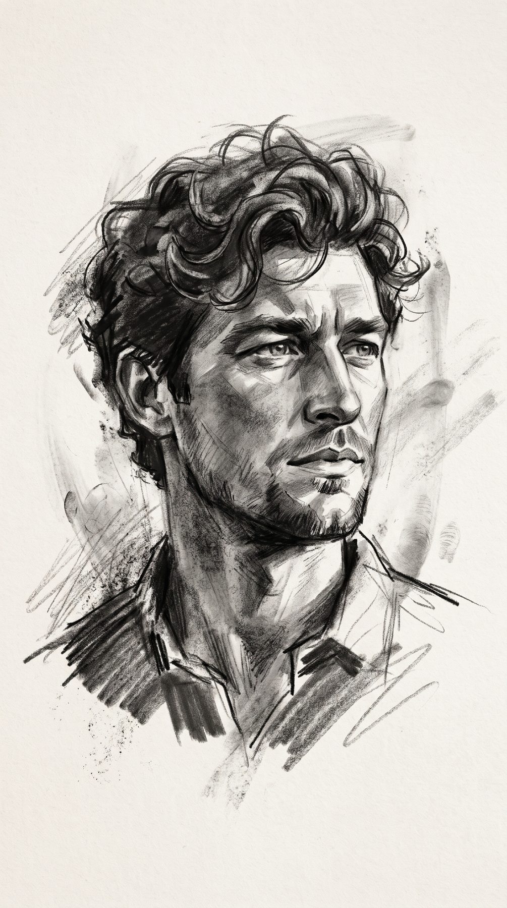 Expressive charcoal portrait sketch of a curly-haired man looking aside, generated using our ChatGPT and Gemini AI Prompt.