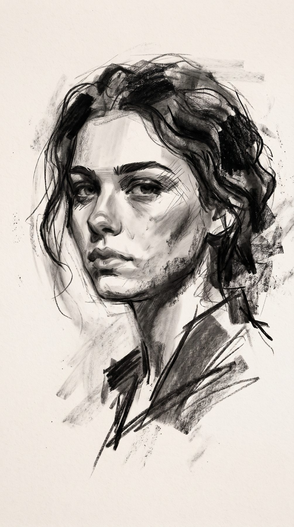 Charcoal portrait of a woman with loose hair and bold shading on paper, made with an AI Prompt for ChatGPT and Gemini.